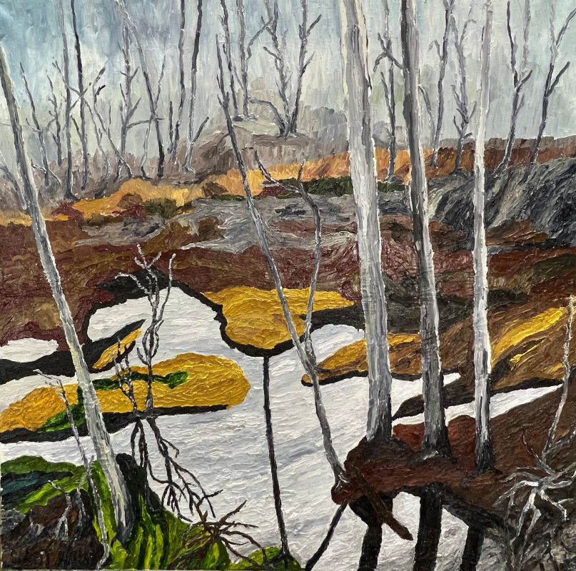 Oljemålning av Staffan Sandler - Björkar i skärgårdsmiljö