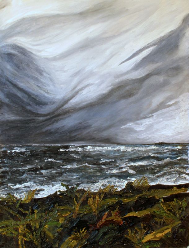 Oljemålning av Staffan Sandler - Vågor mot klippor